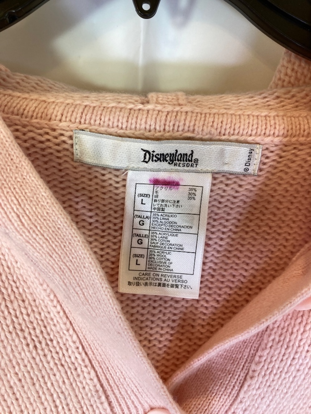 Disney Tinkerbell Pink Cardigan Sweater Sz L Hood Embroidered Accents - Picture 5 of 14